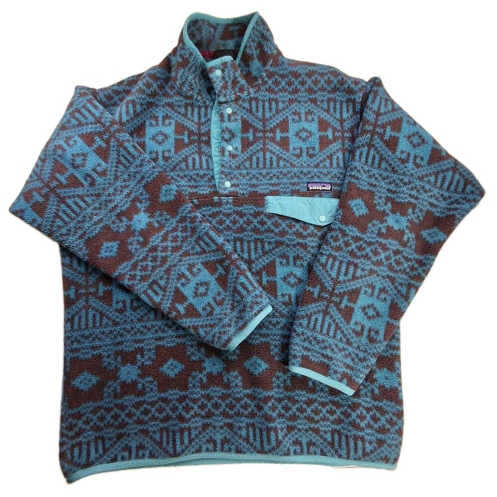 Patagonia Synchilla Sz L Mens Snap T Fleece Pullover Tribal Aztec Teal/Brown